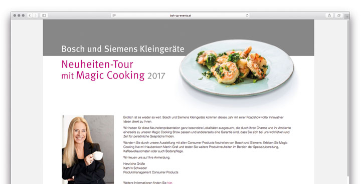 Landingpage für BSH Österreich - Neuheiten-Tour mit Magic Cooking